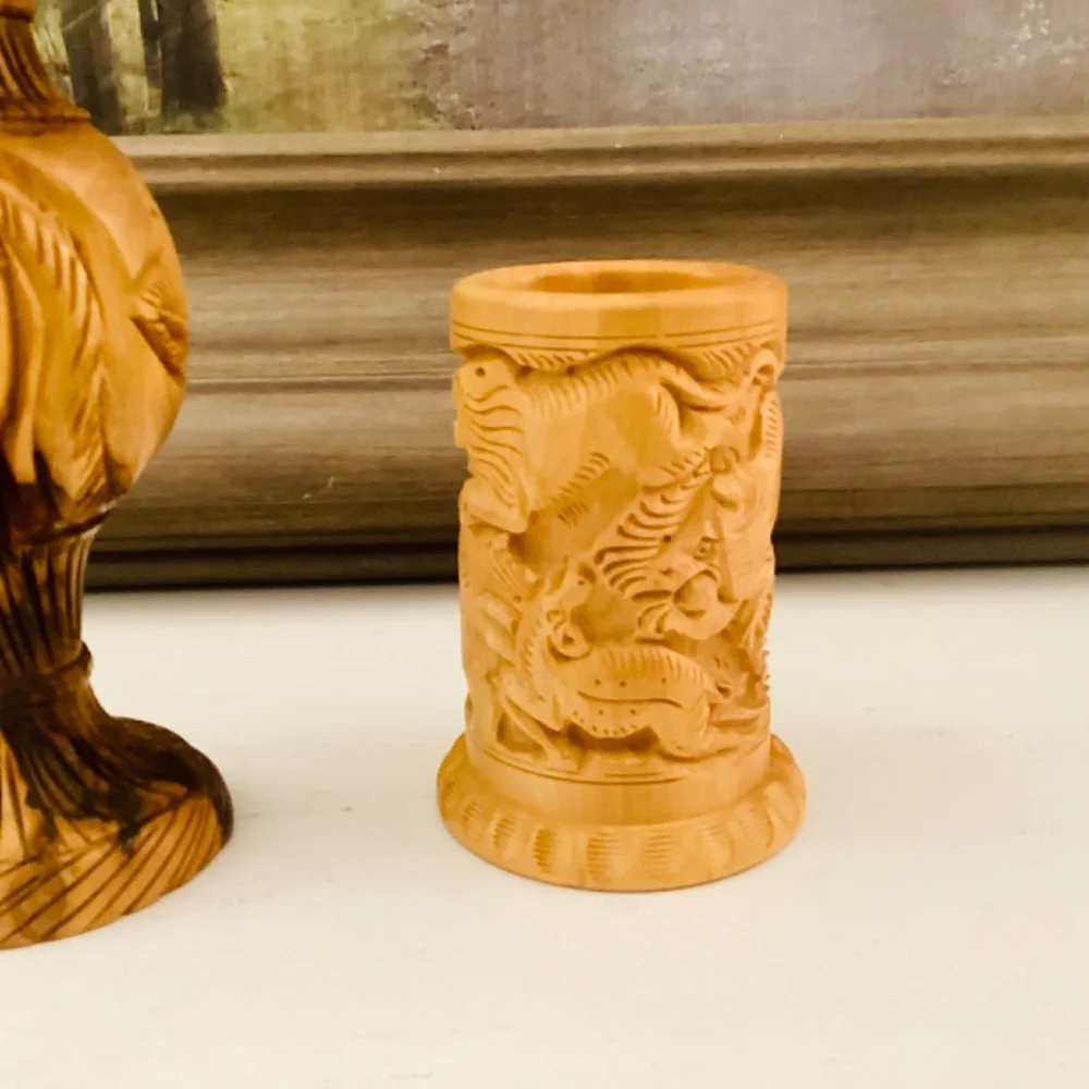 Handcrafted Carved Wooden Vase Pencil Holder Gift Set Of 2 Office Décor Vintage